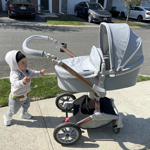 Hot Mom Baby Stroller 360 Degree Rotation Function, Pu Leather Baby Bassinet and Seat Combo Pushchai & Pram, Grey