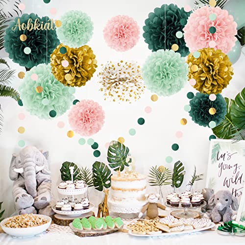 AOBKIAT Wedding Birthday Party Decorations Set,15PCS Sage Green Pink Tissue Paper Pompoms Circle Dots Paper Garland String Hanging Backdrop for Baby Shower, Boho Bridal Wedding Theme Decor