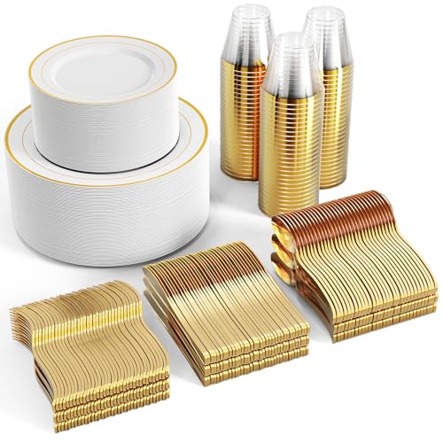 Clip coupon Amazon FOCUSLINE 600 Ct Gold Dinnerware Set for 100 Guests - Gold Rimmed White Disposable Plastic Plates, Includes 100 Dinner & Salad Plates, Cups, Cutlery Set for Wedding Parties