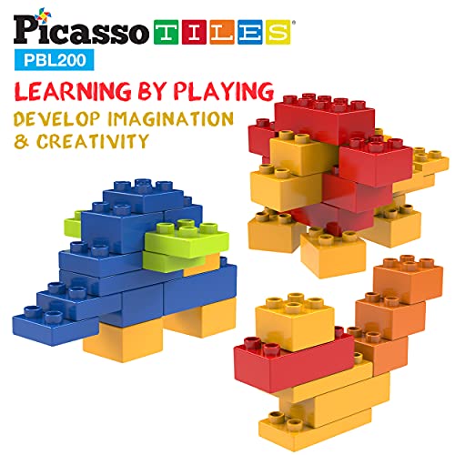 PicassoTiles 200 Piece Large Construction Brick Building Blocks STEM Bricks Toy Set Creative Learning Early Education Playset 5 Colors 4 Unique Shapes Mix & Match Toys for Kids Boys Girls Child Age 3+