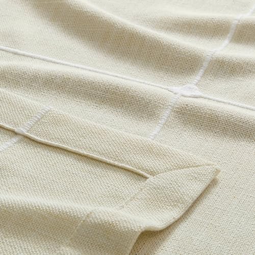 ZeeMart Grid Embroidered Hemmed Tablecloths, Ivory 60x120 Inch, Farmhouse Style Heavy Weight Cotton Linen Ivory Tablecloths, Boho Plaid Water Resistant Rectangle Table Cloth