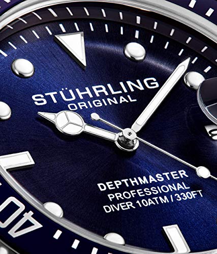 Stuhrling Original Men's Watch Dive Watch 42 MM Silver Case with Screw Down Crown Blue Face and Rubber Strap Water Resistant to 330 FT