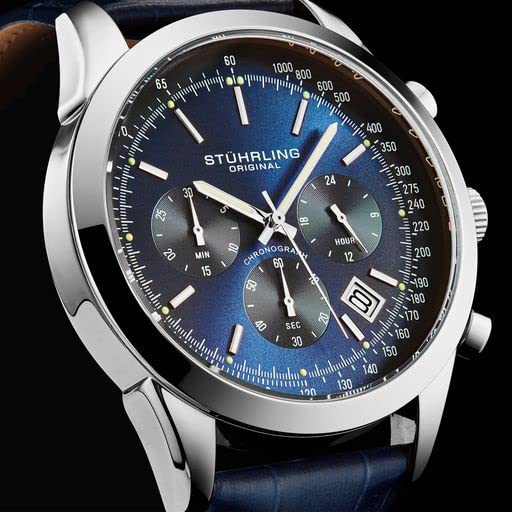 Stuhrling Original Mens Watches Chronograph Analog Blue Watch Dial with Date - Tachymeter 24-Hour Subdial Mens Blue Leather Strap - Watches for Men Rialto Collection