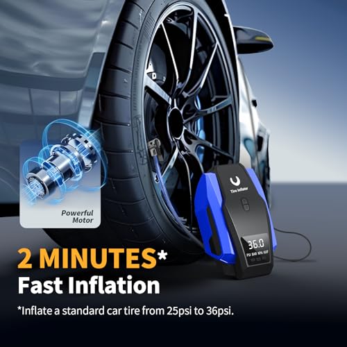 Amazon Tire Inflator Portable Air Compressor - Air Pump for Car Tires - 12V DC Tire Pump with Auto Shutoff Function & LED Light for Cars, Bicycles, Motorcycles, Blue, Large