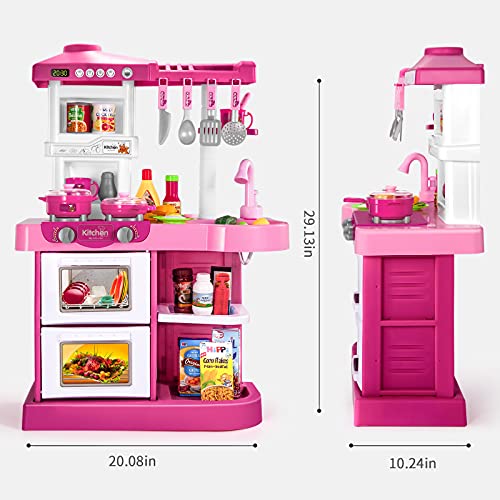 Temi Play Kitchen Pretend Food Playset - 53 PCS Pink Kitchen Toys for Toddlers, Toy Accessories Set w/ Real Sounds and Light, Outdoor for Kids, Girls & Boys