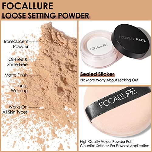 FOCALLURE Oil Control Loose Face Powder, Translucent Loose Setting Powder, Shine-Free Matte Finishing Powder, Long-lasting & Lightweight Sets Foundation Makeup, Includes Velour Powder Puff, Wheat