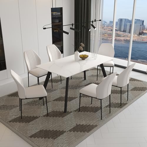 Zerifevni Dining Table Set for 6, Modern White Dining Table Sintered Stone Rectangula Table & 6 Dining Chairs (1 Table 6 Beige Chairs)