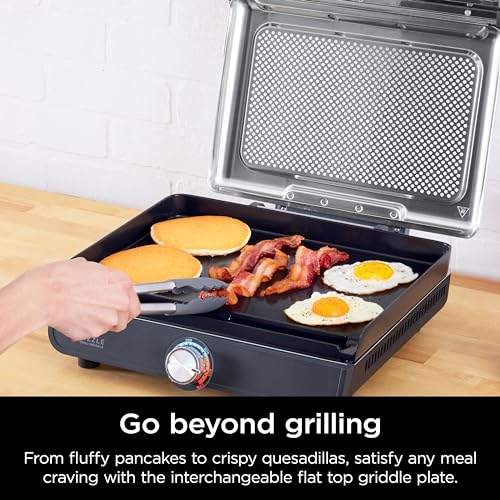 Ninja GR101 Sizzle Smokeless Indoor Grill & Griddle, 14'' Interchangeable Nonstick Grill and Griddle Plates, Dishwasher-Safe Removable Mesh Lid, 500F Max Heat, Even Edge-to-Edge Cooking, Grey/Silver