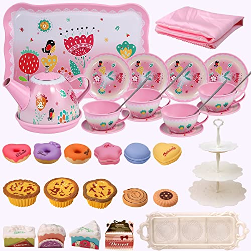 Tea Party Set for Little Girls,PRE-WORLD Princess Tea Time Toy Including Dessert,Cookies,Doughnut,Teapot Tray Cake, Tablecloth & Carrying Case,Kids Kitchen Pretend Play for Girls Boys Age 3-6