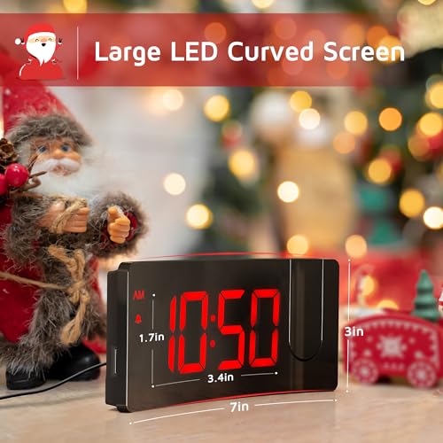 Projection Alarm Clock, Digital Clock with 180° Rotatable Projector, 3-Level Brightness Dimmer, Clear LED Display, USB Charger, Progressive Volume, 9mins Snooze,12/24H, for Bedroom