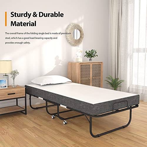 Foxemart Folding Bed with Mattress Portable Foldable Guest Beds Cot Size Rollaway Beds for Adults with Luxurious Memory 5 Inch Foam Mattress and Super Sturdy Frame, 75 x 31 Inch