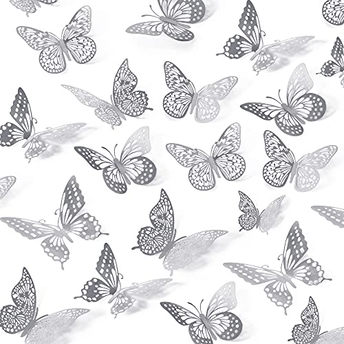 SAOROPEB 3D Butterfly Wall Decor, 48 Pcs 4 Styles 3 Sizes, Removable Metallic Wall Sticker Room Mural Decals for Kids Bedroom Nursery Classroom Party Decoration Wedding Decor DIY Gift (Sliver)