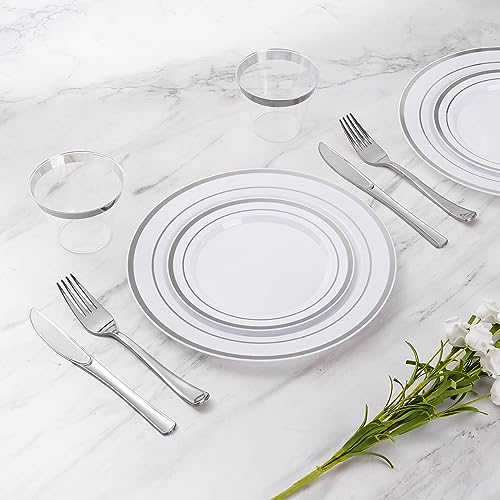 600 Piece Disposable Silver Plates for 100 Guests, Plastic Dinnerware Set of 100 Dinner Plates, 100 Salad Plates, 100 Spoons, 100 Forks, 100 Knives, 100 Cups, Plastic Plates for Party, Weeding