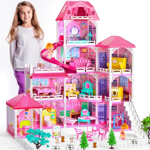 TEMI Dream Doll House Pink Girl Toys - 4 Stories 10 Rooms Dollhouse with 2 Princesses Dolls,Slide, Play House with Accessories, Toddler Playhouse Toy for Kids Ages 3 4 5 6 7 8+