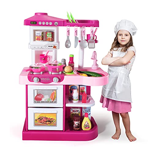 Temi Play Kitchen Pretend Food Playset - 53 PCS Pink Kitchen Toys for Toddlers, Toy Accessories Set w/ Real Sounds and Light, Outdoor for Kids, Girls & Boys