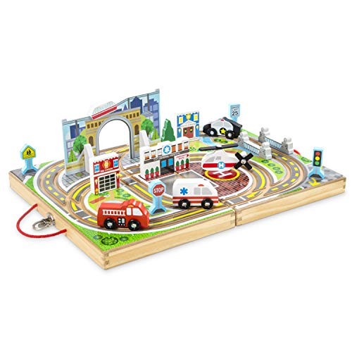 Melissa & Doug 18-Piece Wooden Take-Along Tabletop Town, 4 Rescue Vehicles, Play Pieces, Bridge , 15.4 x 11.0 x 2.6