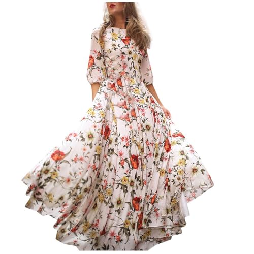 Bokeley Women's Boho Swing Maxi Dresses Half Sleeve Flowy Print Beach Long Dress Crew Neck Smocked Hight Waist