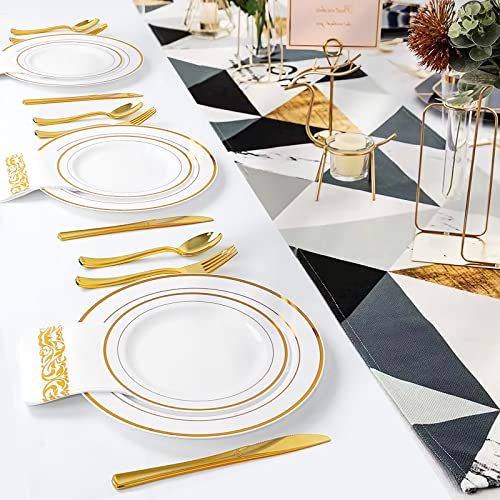 Gold Plastic Party Plates, MCIRCO 100 Pieces, Disposable for Weddings, Premium Heavy Duty Gold Rim Plates, Include 50 10.25 Inch Dinner Plates and 50 7.5 Inch Dessert Appetizer Plates