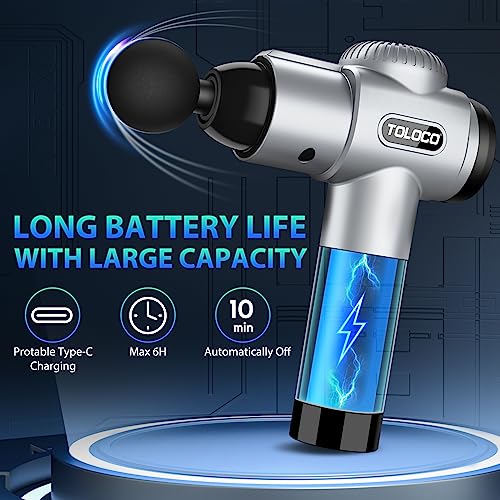 TOLOCO Massage Gun, Muscle Massage Gun Deep Tissue for Athletes with 10 Massage Heads, Electric Percussion Massager for Any Pain Relief, Silver