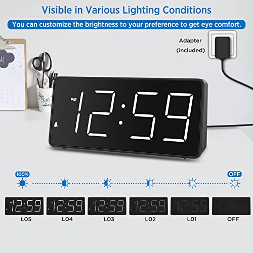 Peakeep Digital Clock, Alarm Clock for Bedrooms - Large Big Numbers 5 Dimmers for Seniors, Battery Backup Loud Alarm Clock with USB Charger Port (Black with White Digits)