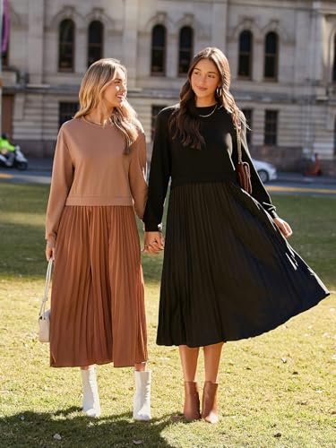 Amazon Wenrine Womens Sweatshirt Dress Casual Patchwork Long Sleeve Crewneck Pleated Fall Maxi Dresses