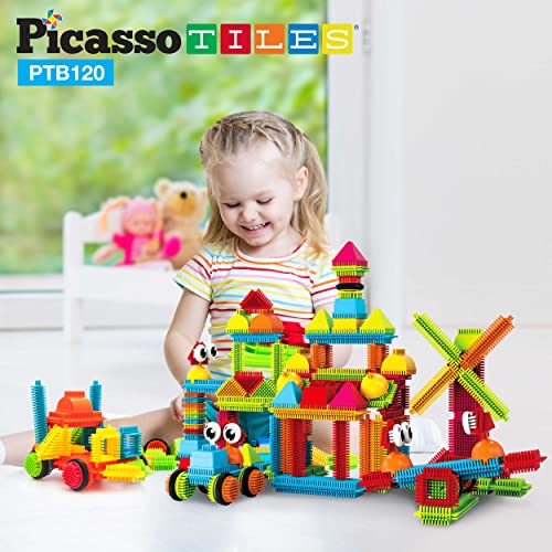 PicassoTiles PTB120 pcs Bristle Shape 3D Interlocking Building Blocks Accessories Tiles Construction Toy Set Learning Playset STEM Toy Set Educational Kit Child Development Preschool Kindergarten Toy