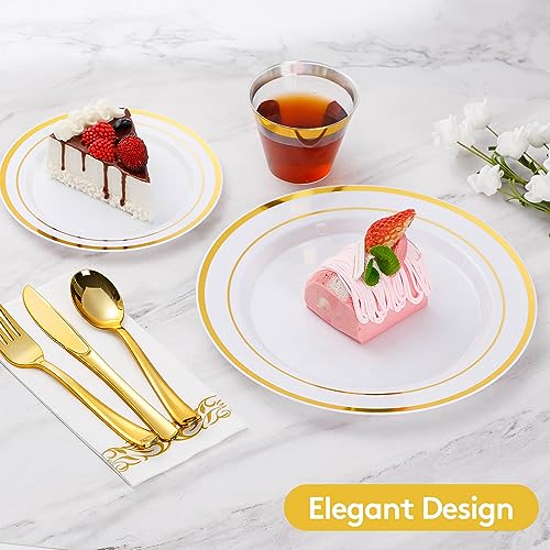 350 Piece Gold Dinnerware Set for 50 Guests, Plastic Plates Disposable for Party, Include: 50 Gold Rim Dinner Plates, 50 Dessert Plates, 50 Paper Napkins, 50 Cups, 50 Gold Silverware Set