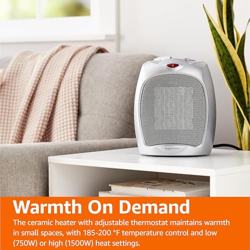 Amazon Basics Ceramic Space Heater, Portable Heater for Indoor Use, for Office and Home, With Overheat and Tip-Over Protection, Thermostat, Non-Oscillating, 1500W, Silver, 7.52"D x 6.34"W x 9.45"H