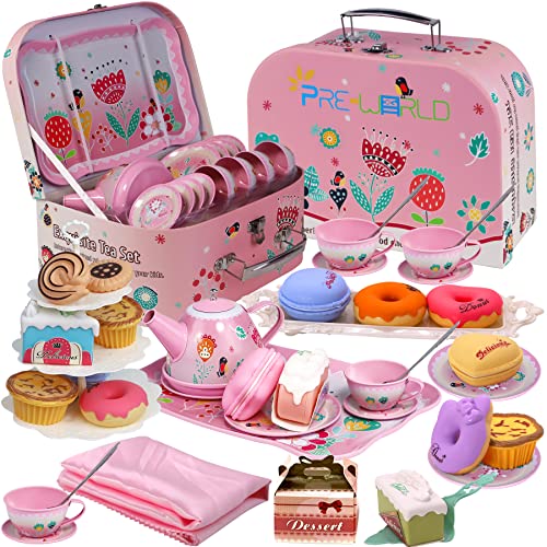 Tea Party Set for Little Girls,PRE-WORLD Princess Tea Time Toy Including Dessert,Cookies,Doughnut,Teapot Tray Cake, Tablecloth & Carrying Case,Kids Kitchen Pretend Play for Girls Boys Age 3-6