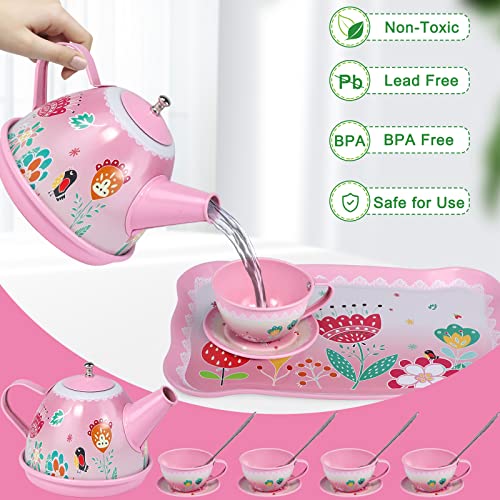 Tea Party Set for Little Girls,PRE-WORLD Princess Tea Time Toy Including Dessert,Cookies,Doughnut,Teapot Tray Cake, Tablecloth & Carrying Case,Kids Kitchen Pretend Play for Girls Boys Age 3-6