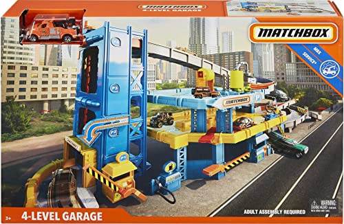 Matchbox Cars Playset, 4-Level Toy Garage & Tow Truck in 1:64 Scale, Kid-Powered Elevator, Car Repair Station & Spiral Ramp