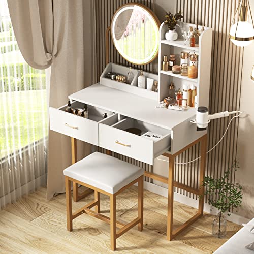 Vabches Makeup Vanity Desk with Round Mirror and Lights, White Vanity Makeup Table with Hair Dryer Rack, Small Vanity Table for Bedroom with Lots Storage, 3 Lighting Modes, 31.5in(L)