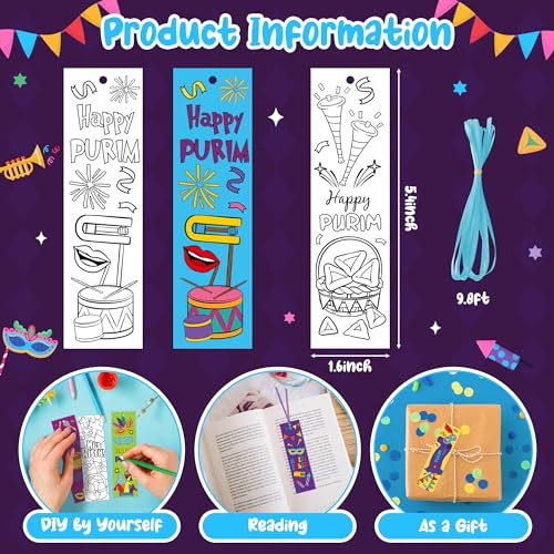 75Pcs Purim Color Your Own Bookmarks Happy Purim DIY Coloring Blank Bookmark Classroom Art Craft Supplies for Teachers Students Jewish Purim Carnival Holiday Party Gift Supplies Reward Goodie Fillers