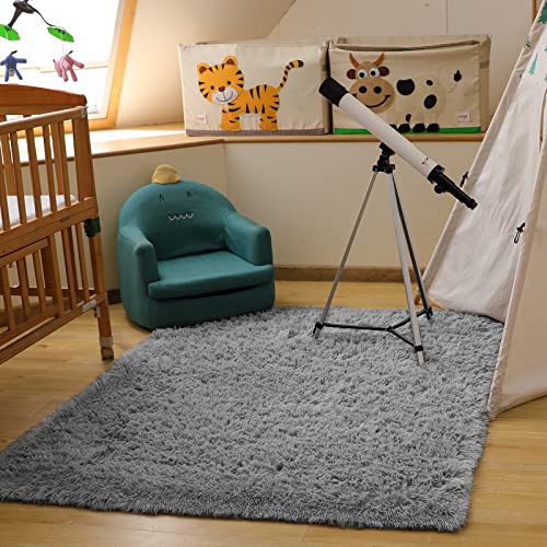 Ophanie Area Rugs for Bedroom Living Room, 4x6 Grey Fluffy Fuzzy Shag Shaggy Carpet Soft Plush Furry Bedside Rug, Indoor Floor Rug for Kids Girls Boys Home Decor Aesthetic, Dorm Nursery Gray