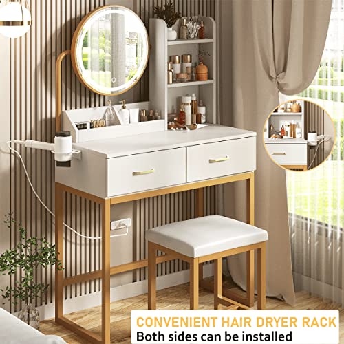 Vabches Makeup Vanity Desk with Round Mirror and Lights, White Vanity Makeup Table with Hair Dryer Rack, Small Vanity Table for Bedroom with Lots Storage, 3 Lighting Modes, 31.5in(L)