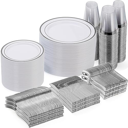 600 Piece Disposable Silver Plates for 100 Guests, Plastic Dinnerware Set of 100 Dinner Plates, 100 Salad Plates, 100 Spoons, 100 Forks, 100 Knives, 100 Cups, Plastic Plates for Party, Weeding