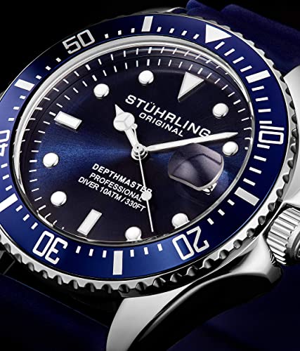 Stuhrling Original Men's Watch Dive Watch 42 MM Silver Case with Screw Down Crown Blue Face and Rubber Strap Water Resistant to 330 FT