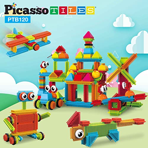 PicassoTiles PTB120 pcs Bristle Shape 3D Interlocking Building Blocks Accessories Tiles Construction Toy Set Learning Playset STEM Toy Set Educational Kit Child Development Preschool Kindergarten Toy