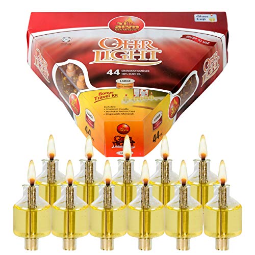 Pre Filled Hanukkah Menorah Oil Cups - Olive Oil Menorah Cups with Wick Ready to Use - 44 Pk Ohr Lights - Large Burns Approx 3 Hours