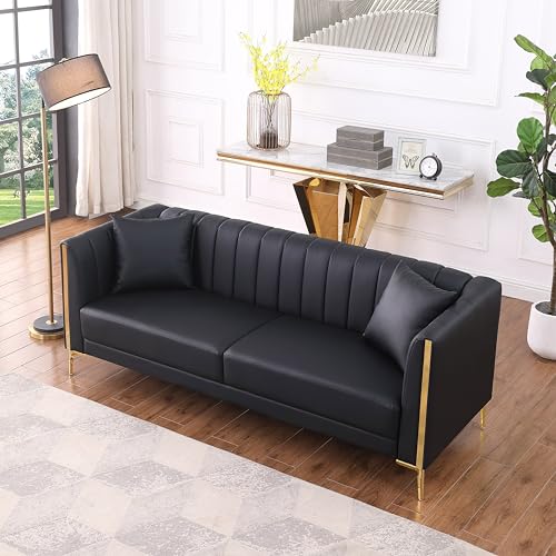 Amazon FOTOSOK 78'' Sofa, Black Couches for Living Room, Comfy Sofas Faux Leather Sofa 3 Seater Couches with 2 Throw Pillows and Gold Metal Legs, Deep Seat Sofas for Home, Office (Black)