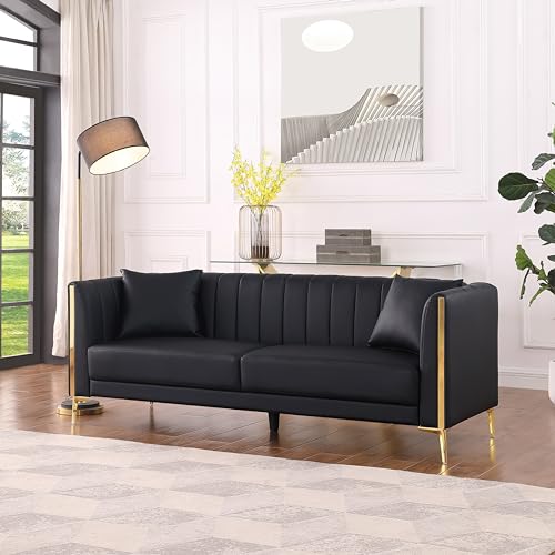 Amazon FOTOSOK 78'' Sofa, Black Couches for Living Room, Comfy Sofas Faux Leather Sofa 3 Seater Couches with 2 Throw Pillows and Gold Metal Legs, Deep Seat Sofas for Home, Office (Black)