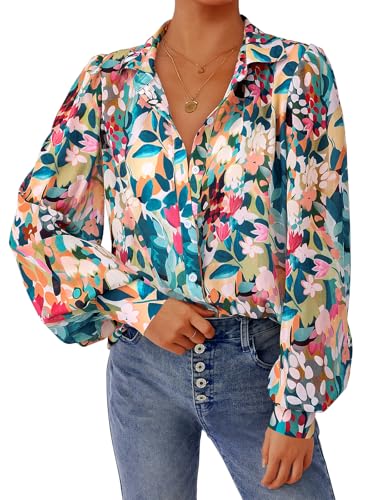 Amazon PRETTYGARDEN Women's Floral Blouses Dressy Casual V Neck Button Down Shirts Lantern Long Sleeve Boho Chiffon Fall Tops 2025
