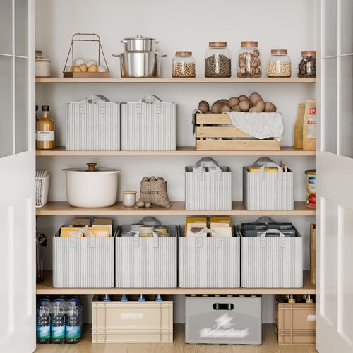 Amazon StorageWorks Storage Bins, Fabric Storage Bins for Shelves, Large Storage Baskets with Metal Frame, Closet Baskets and Bins with Handles, Khaki and Beige Stripes, 2-Pack