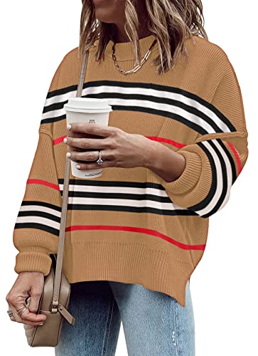 ETCYY Womens Striped Sweaters 2023 Fall Batwing Long Sleeve Side Slit Oversized Sweaters Trendy Crew Neck Knit Pullover Tops