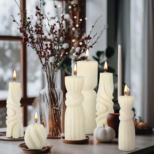 Amazon 6 Pcs Pillar Candles Modern Aesthetic Ribbed Decorative Candle Set Cute Soy Wax Scented Ribbed Decor for Home(White,2.36-6.89 Inch)
