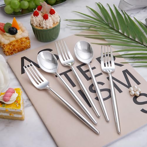 SUT 200PCS Silver Plastic Forks and Spoons Heavy Duty, Disposable Silverware, Silver Plastic Cutlery, Silver Disposable Forks and Spoons, Includes 100 Forks, 100 Spoons for Party, Birthday, Wedding