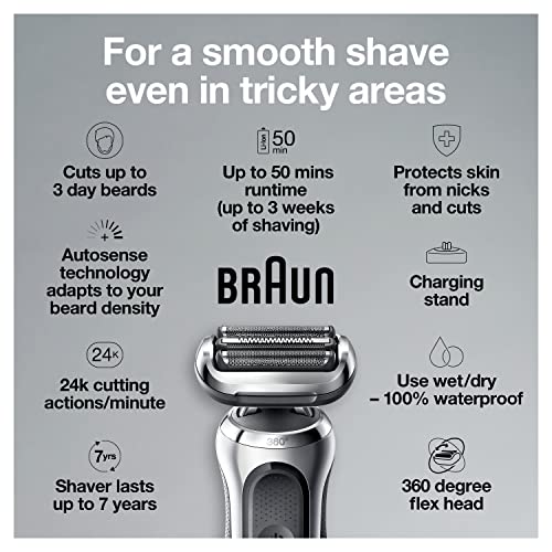 Braun Series 7 7032cs Flex Electric Razor for Men, Wet & Dry, Electric Razor, Rechargeable, Cordless Foil Shaver with Beard Trimmer and Charging Stand, Silver