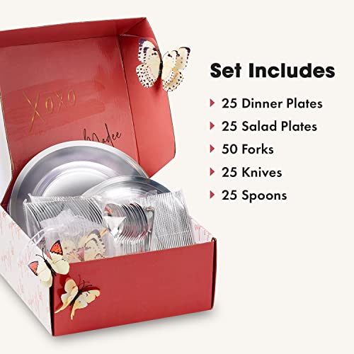 By Madee: Heavyweight Plastic Plates Disposable Dinnerware Set - Silver & Clear 150 Piece Plates Set for 25 Guests - Dinner & Salad Plates, Silverware & Gift of 3D Butterflies - Premium Party Supplies