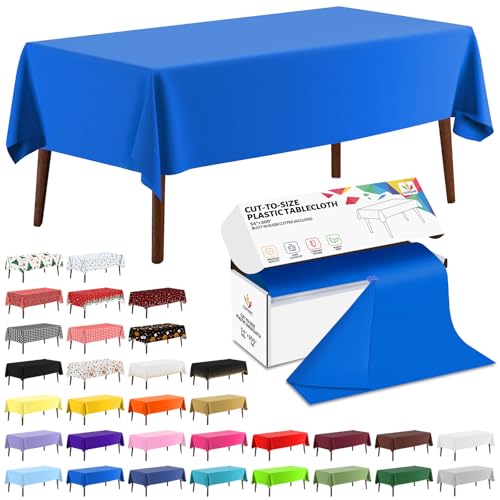Amazon CXPSINC 54 Inch X 300 Feet Plastic Table Cover Roll Disposable Tablecloth with Slide Cutter for All Type/Shape Tables | Picnic, Party, Banquet, Birthdays, Weddings (Blue, 300 Feet)
