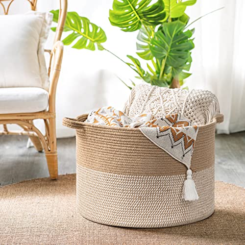 INDRESSME Extra Large Woven Baskets for Storage, 21.7'' x 13.8'' Wicker Basket with Handle for Blankets, Big Laundry Baskets for Clothes, Pillows, Towel, Shoe Basket for Entryway, 90L White Jute